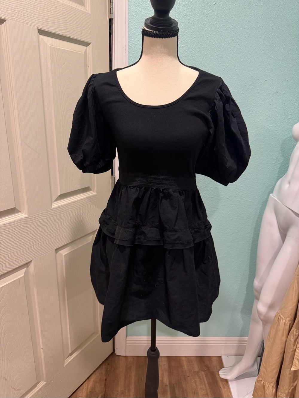 Ulla Johnson Tilda Black Scoop Neck Dress with Scalloped Trim